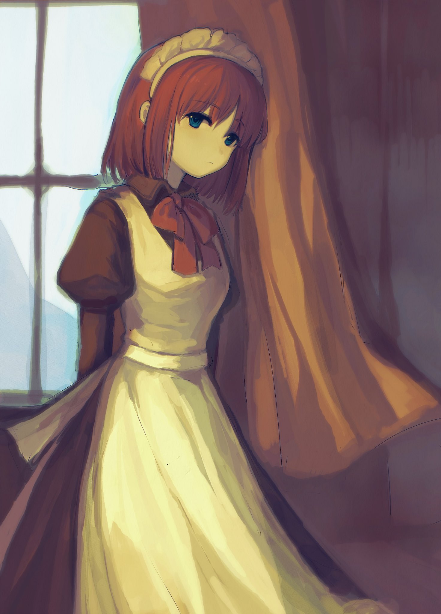 tara3763, hisui (tsukihime), tsukihime, hashtag-only commentary, highres, 1girl, arms behind back, blue eyes, curtains, indoors, maid, maid headdress, medium hair, puffy sleeves, red hair, solo, standing, window