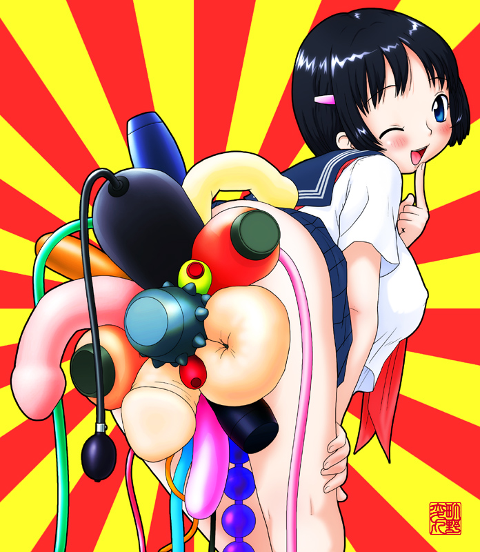 machino henmaru, 1girl, dildo, female focus, finger to mouth, large insertion, multiple insertions, object insertion, one eye closed, open mouth, radial, radial background, school uniform, serafuku, sex toy, solo, too many, too many sex toys, vaginal, vaginal object insertion, vibrator, what