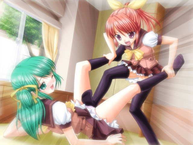 piko, haruno futaba, haruno kazuha, fu-ta-ba, black legwear, game cg, jpeg artifacts, 2girls, ;d, denki anma, feet, footjob, kneehighs, multiple girls, open mouth, panties, pantyshot, pink panties, pleated skirt, red hair, school uniform, serafuku, skirt, smile, socks, thighhighs, underwear, wink, yuri