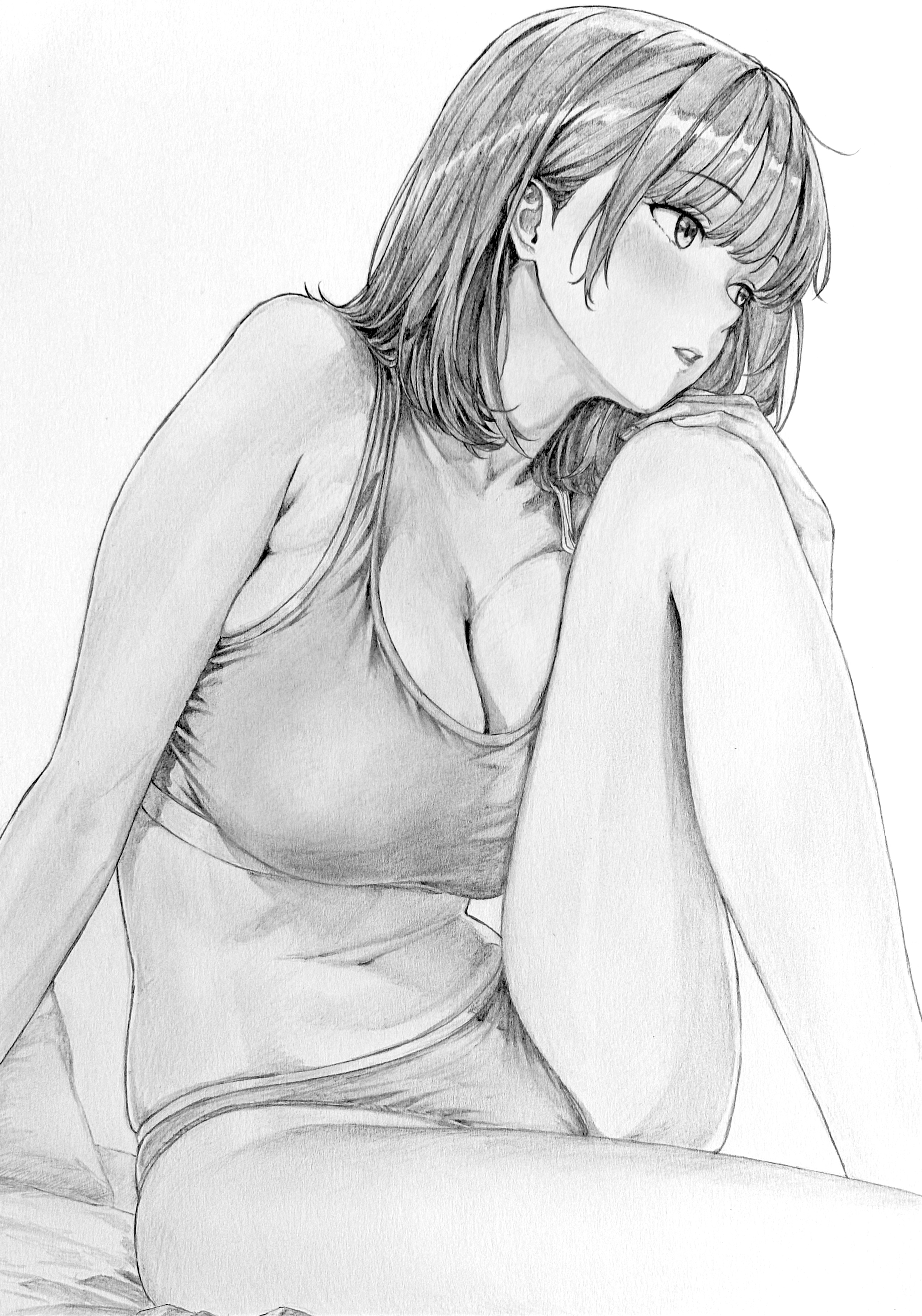 lensia, original, absurdres, commentary request, graphite (medium), highres, traditional media, 1girl, arm at side, armpit crease, blush, breast press, breasts, expressionless, feet out of frame, greyscale, hand on own knee, huge breasts, knee up, medium hair, monochrome, navel, panties, parted lips, sitting, solo, sports bra, stomach, underwear, underwear only