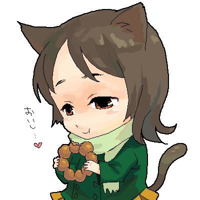 koaki, original, lowres, 1girl, :t, animal ears, blush, brown eyes, brown hair, cat ears, cat tail, chibi, chibi only, donut, eating, female focus, food, green scarf, heart, oekaki, scarf, simple background, solo, tail, white background