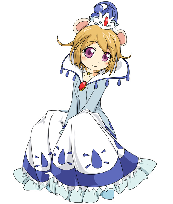 ixy, miruro, fushigiboshi no futago hime, 00s, 1girl, animal ears, blonde hair, blue crown, blue dress, blush, collarbone, crown, dress, female focus, gem, jewelry, looking at viewer, mouse ears, necklace, pendant, purple eyes, red gemstone, short hair, simple background, sitting, smile, solo, v arms, white background