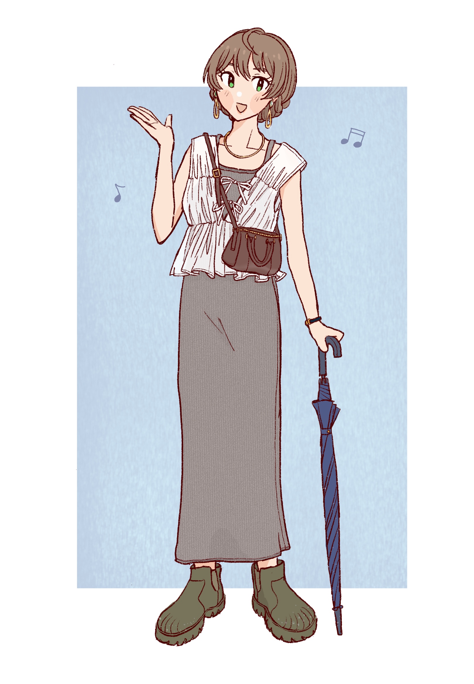 gyozawantan02, sakuramori kaori, idolmaster, idolmaster million live!, idolmaster million live! theater days, highres, 1girl, :d, ahoge, bag, blue background, blue umbrella, blush stickers, border, brown hair, closed umbrella, collarbone, dress, earrings, frilled shirt collar, frills, green eyes, green shoes, grey dress, handbag, holding, holding umbrella, jewelry, looking at viewer, music, musical note, nape braid, necklace, open mouth, outside border, shirt, shoes, singing, sleeveless, sleeveless shirt, smile, solo, swept bangs, umbrella, white border, white shirt