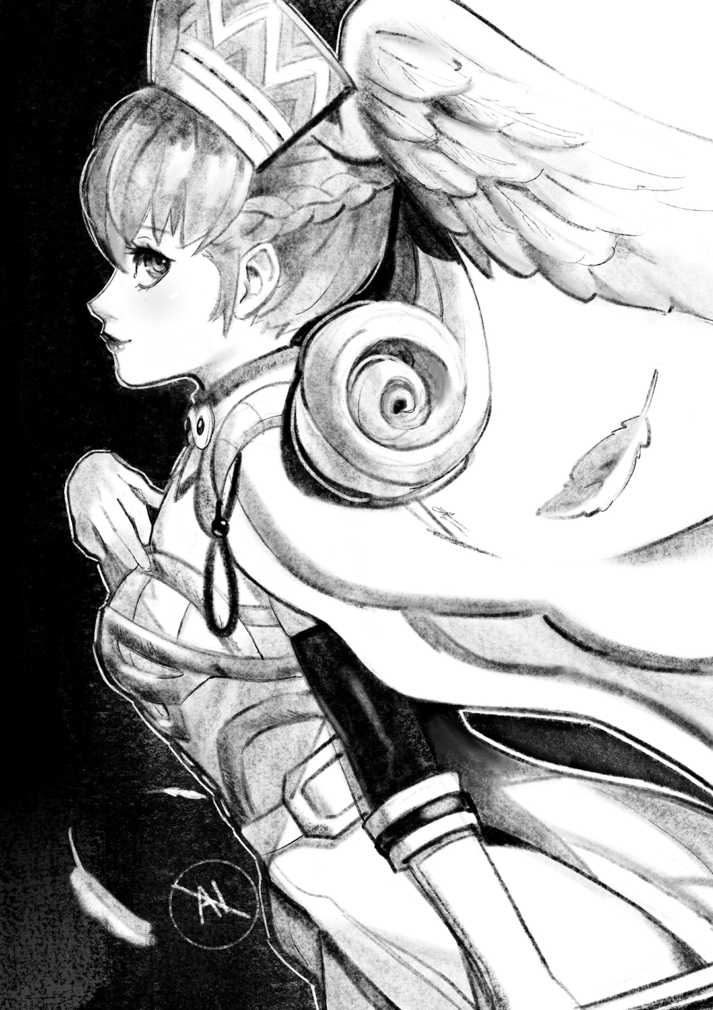 eightyfourart, melia antiqua, xenoblade chronicles (series), xenoblade chronicles 1, commentary, highres, 1girl, closed mouth, curly hair, falling feathers, feathers, greyscale, head wings, long hair, looking at viewer, monochrome, solo, standing, wings
