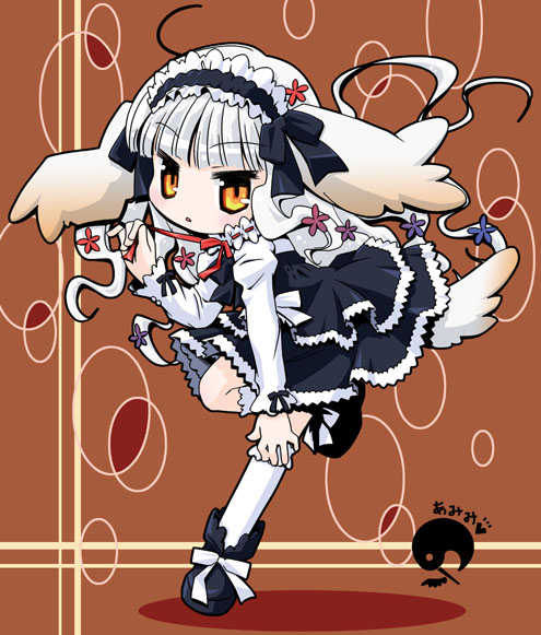 amimi, original, silver hair, 1girl, :o, animal ears, black dress, black ribbon, black shoes, blunt bangs, blush, brown background, dog ears, dress, female focus, flower, full body, goth fashion, gothic lolita, hair flower, hair ornament, lolita fashion, long hair, long sleeves, looking at viewer, orange eyes, parted lips, red ribbon, ribbon, running, shoes, signature, simple background, solo