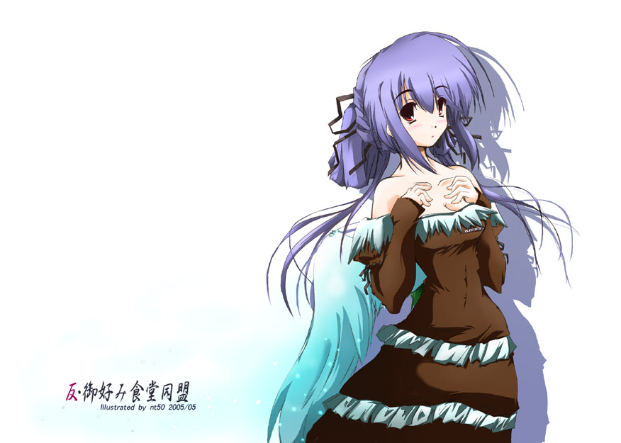 nt50, original, light purple hair, 00s, 1girl, 2005, bare shoulders, blush, breasts, collarbone, dated, dress, expressionless, fantasy, female focus, hair ribbon, hands on own chest, long hair, long sleeves, looking at viewer, red eyes, ribbon, sidelocks, simple background, solo, very long hair, wings