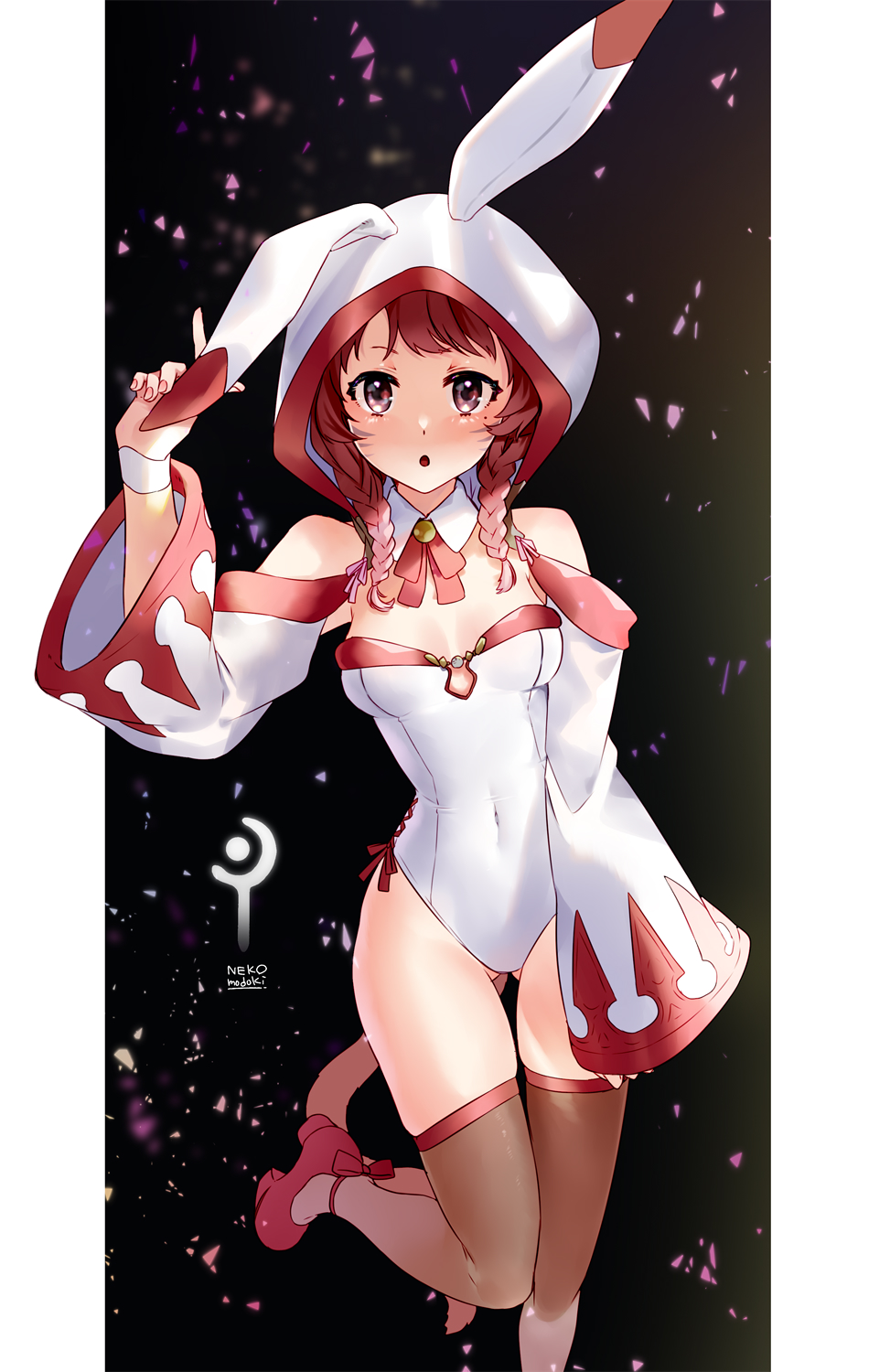 lili mdoki, warrior of light (ff14), white mage (final fantasy), final fantasy, final fantasy xiv, highres, 1girl, braid, breasts, bunny day, cat girl, cat tail, detached sleeves, facial mark, leotard, medium breasts, miqo'te, open mouth, red eyes, red hair, tail, thighhighs, twin braids, whisker markings, white hood, white leotard