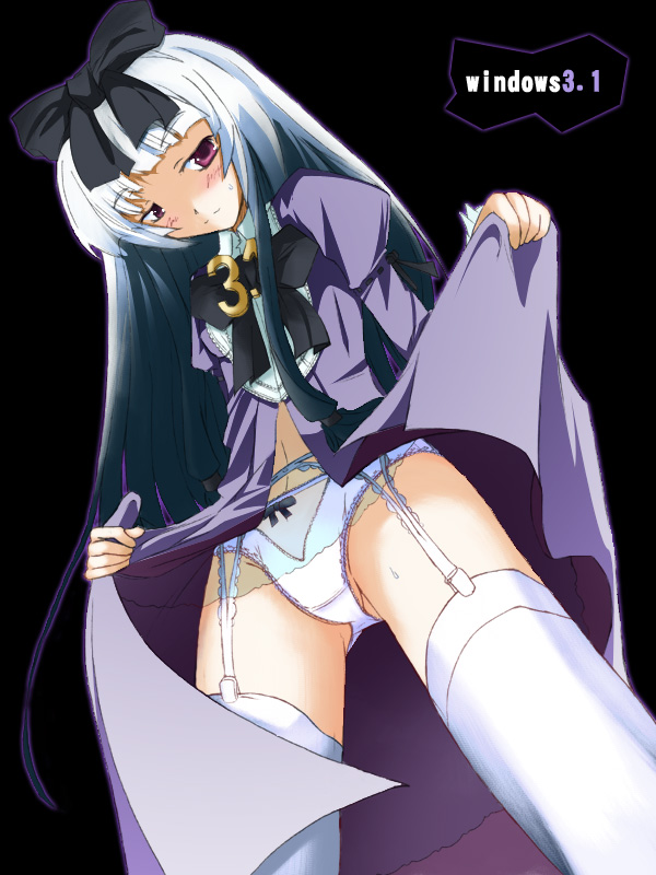 ganmo, 3.1-tan, os-tan, silver hair, 1girl, blush, bow, bow panties, clothes lift, dress, dress lift, female focus, from below, garter belt, hair bow, lace, lace-trimmed panties, lace trim, lingerie, long hair, open clothes, open dress, panties, purple dress, purple eyes, skirt, skirt lift, solo, standing, thighhighs, underwear, upskirt, white panties, white thighhighs