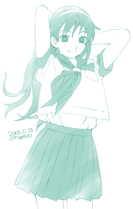 shiwasu takashi, original, 1girl, aqua theme, clothes lift, cowboy shot, dated, female focus, green theme, long hair, miniskirt, monochrome, pleated skirt, school uniform, serafuku, shirt lift, simple background, skirt, solo, white background, wind