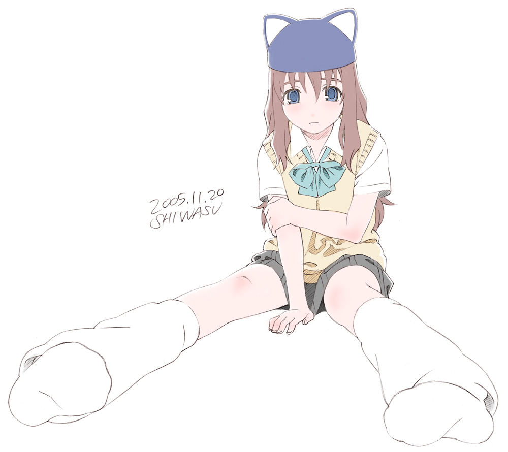shiwasu takashi, original, 1girl, animal ears, animal hat, aqua bow, aqua bowtie, blouse, blue hat, bow, bowtie, cat ears, dated, female focus, foreshortening, full body, hat, holding own arm, loose socks, pleated skirt, school uniform, serafuku, shirt, simple background, sitting, skirt, socks, solo, sweater, sweater vest, vest, white background, white shirt, white socks
