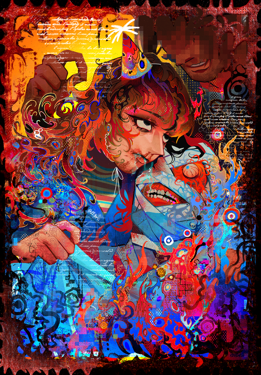 113rii, anya (mouthwashing), curly (mouthwashing), curly (post-crash) (mouthwashing), mouthwashing, character request, commentary, highres, 1girl, bandaged head, bandages, blue eyes, blue jumpsuit, censored, disfigured, hat, jumpsuit, mosaic censoring, party hat, pony express uniform, twitter username