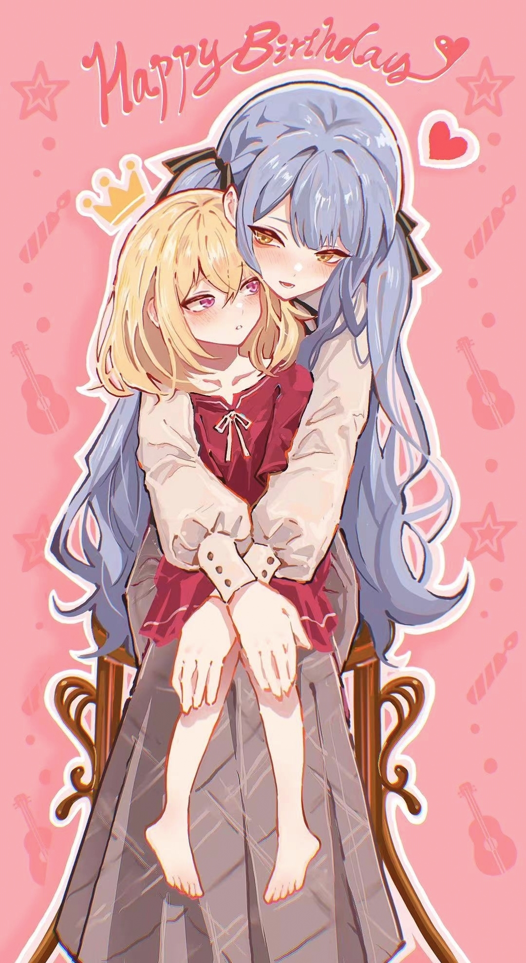 mulangfang, misumi uika, togawa sakiko, bang dream!, bang dream! it's mygo!!!!!, commentary request, highres, 2girls, age difference, aged down, barefoot, blue hair, blush, closed mouth, drawn crown, dress, grey skirt, hair between eyes, long hair, long sleeves, multiple girls, onee-loli, outline, pink background, purple eyes, red dress, shirt, short sleeves, sidelocks, sitting, sitting on lap, sitting on person, skirt, time paradox, white outline, white shirt, yuri
