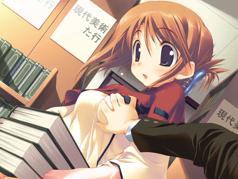 amazuyu tatsuki, komaki manaka, to heart (series), to heart 2, to heart 2 xrated, game cg, 00s, 1girl, blue eyes, blush, book, breasts, brown hair, folded ponytail, grabbing another's breast, groping, open mouth, short hair, solo focus