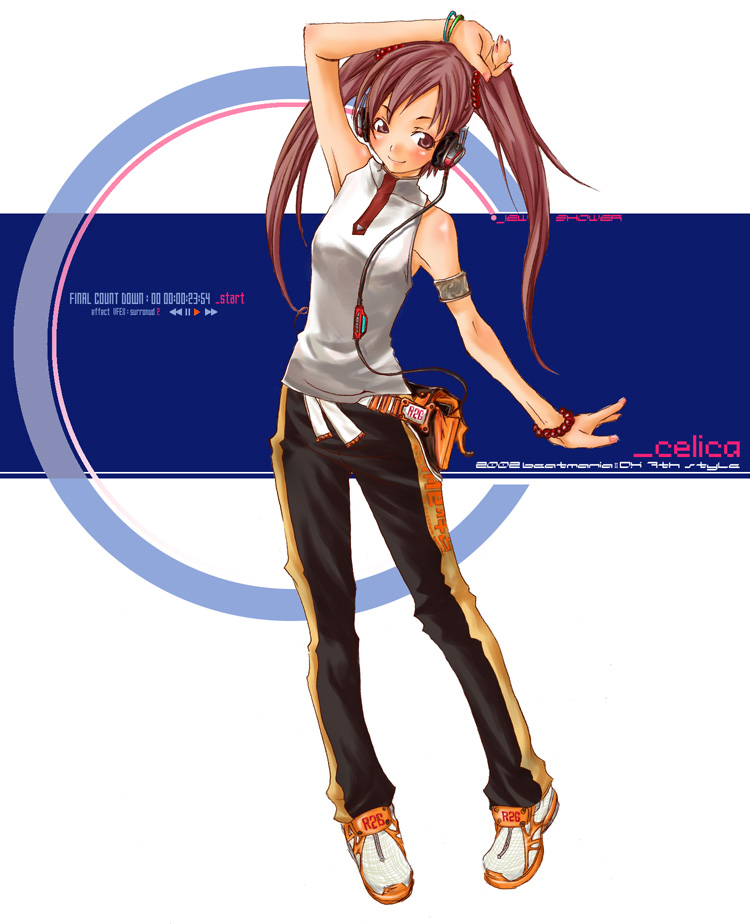 sasetsu, mizushiro celica, beatmania iidx, beatmania iidx 7th style, bemani, original, 1girl, blush, brown eyes, brown hair, female focus, headphones, purple eyes, purple hair, solo, twintails