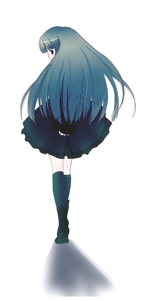 original, 1girl, arms behind back, black eyes, blue hair, dress, female focus, kneehighs, long hair, looking back, shoes, socks, solo, white background