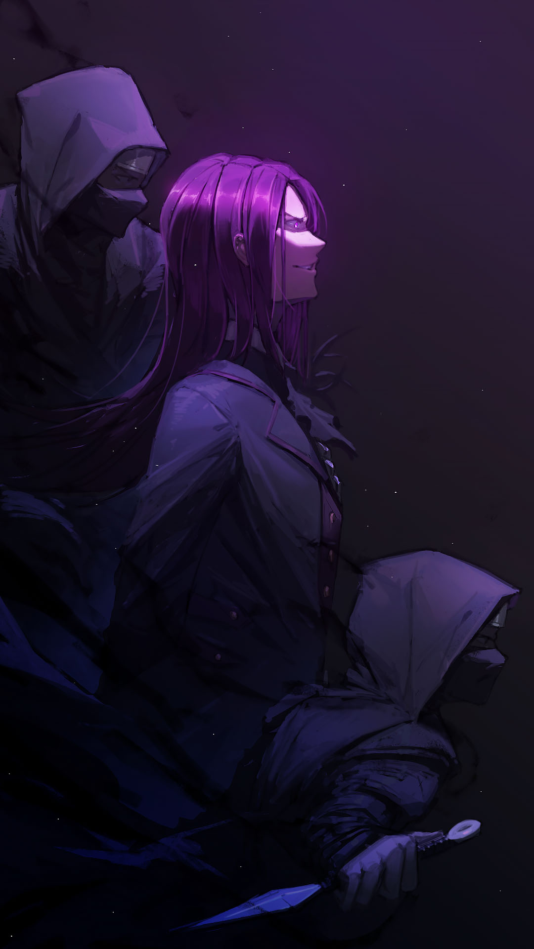 ro ka ro ka, stride vollachia, re:zero kara hajimeru isekai seikatsu, highres, 3boys, dagger, dark background, evil smile, headband, hood, knife, light particles, long hair, long sleeves, mask, multiple boys, purple eyes, purple hair, smile, weapon