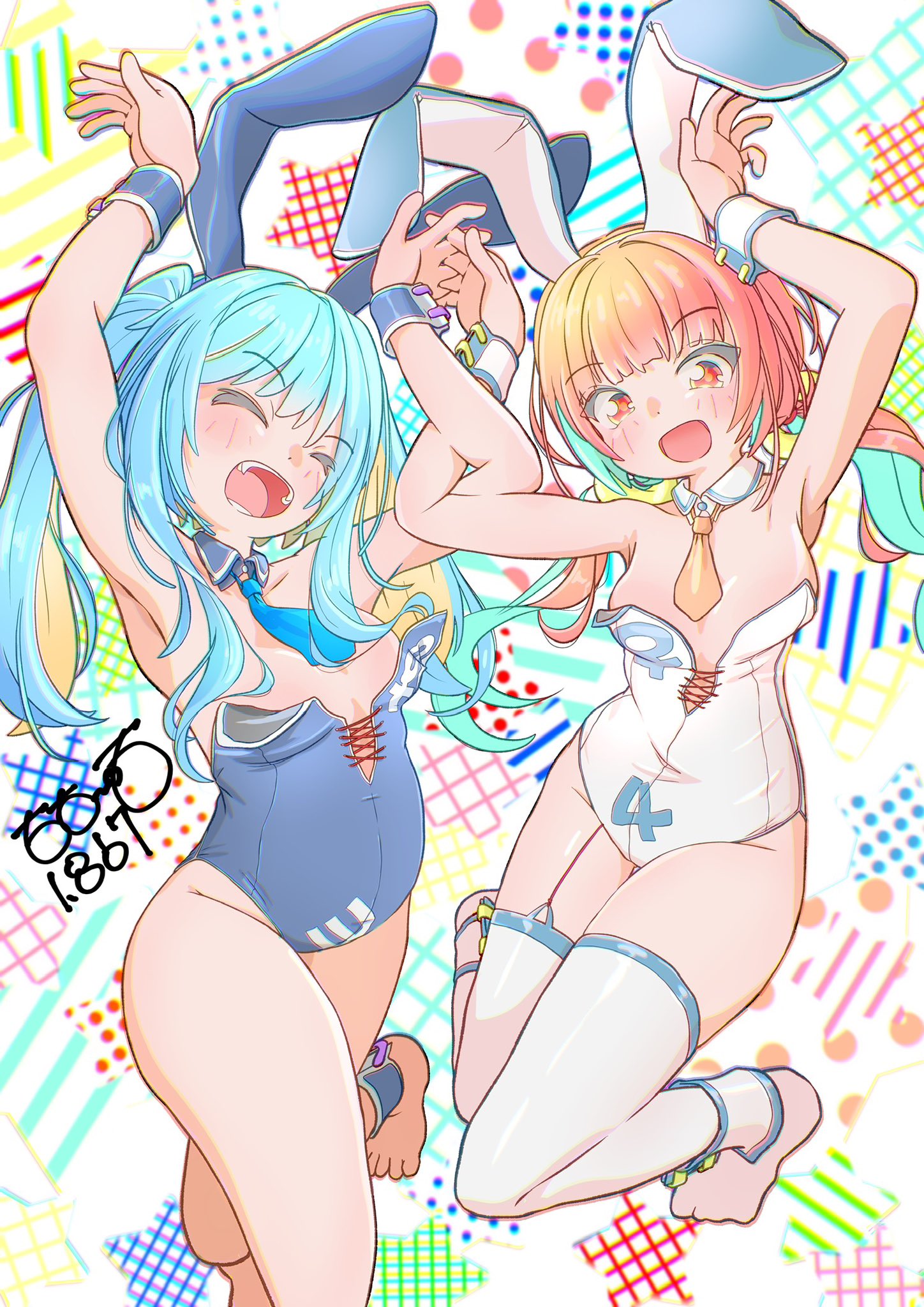totomoto, original, highres, 2girls, :d, :o, animal ears, ankle cuffs, artist name, blue ankle cuffs, blue collar, blue hair, blue leotard, blue necktie, blue wrist cuffs, blunt bangs, blush, breasts, bunny day, cleavage, closed eyes, collar, detached collar, dot nose, fake animal ears, jumping, large breasts, leotard, long hair, multiple girls, necktie, open mouth, orange hair, orange necktie, playboy bunny, rabbit ears, red eyes, red hair, sidelocks, signature, smile, thighhighs, white ankle cuffs, white collar, white leotard, white thighhighs, white wrist cuffs, wrist cuffs