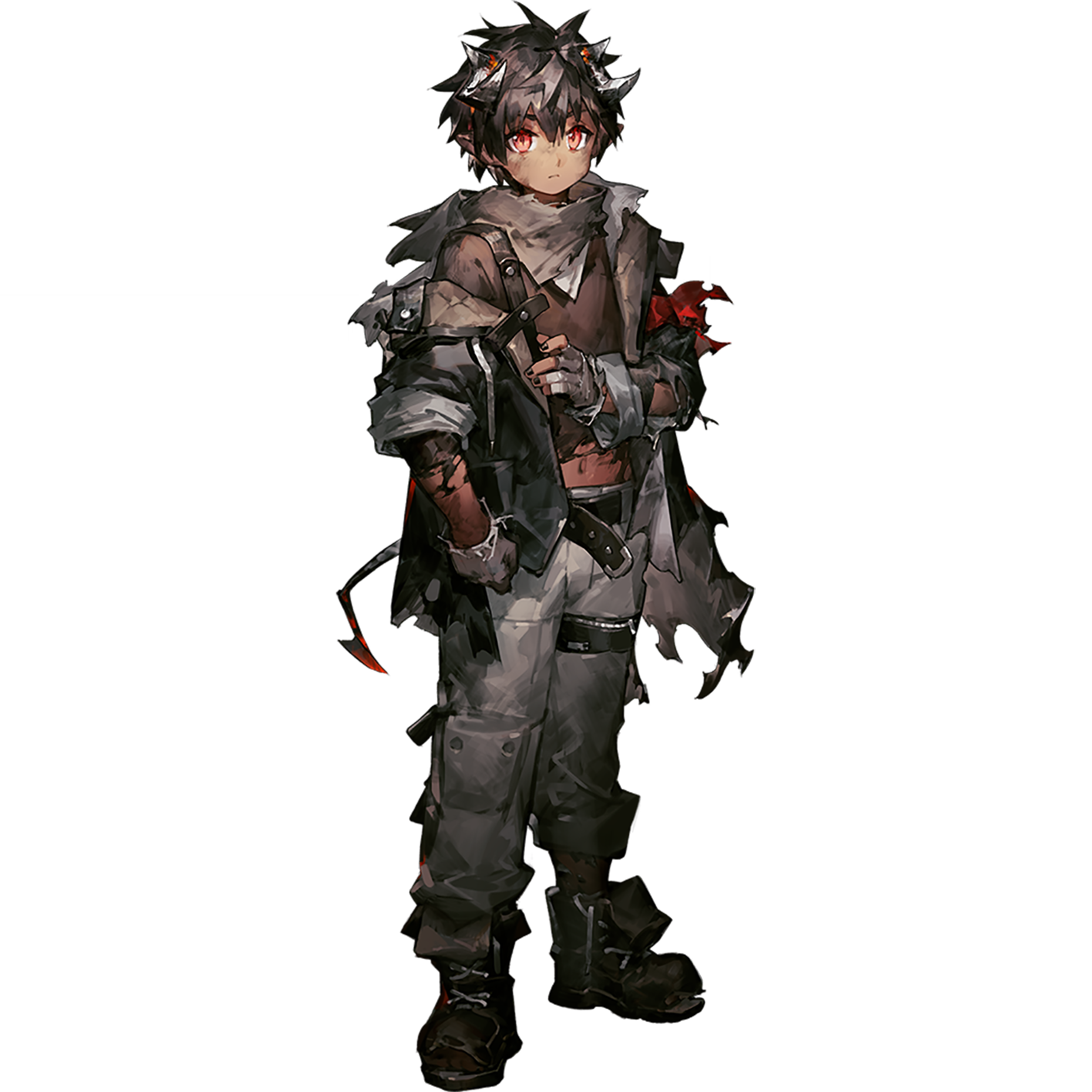scorpion5050, odda (arknights), odda (young) (arknights), arknights, highres, official art, third-party source, 1boy, aged down, black hair, black nails, black shirt, dark-skinned male, dark skin, demon boy, demon horns, demon tail, dirty, dirty clothes, dirty face, full body, horns, looking at viewer, male focus, official alternate costume, red eyes, shirt, simple background, solo, standing, tachi-e, tail, transparent background
