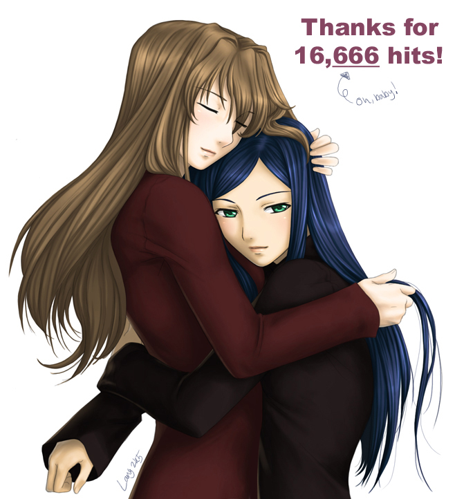 jango-joe, fujino shizuru, kuga natsuki, my-hime, 00s, 2girls, blonde hair, blue hair, closed eyes, green eyes, hand on another's head, height difference, hug, lips, long hair, looking at viewer, milestone celebration, multiple girls, ruffling hair, simple background, smile, turtleneck, very long hair