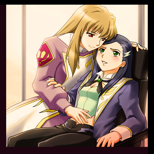 natsuki kruger, shizuru viola, my-otome, arm grab, lowres, 00s, 2girls, blush, border, brown hair, chair, green eyes, hair ornament, hairclip, light smile, long sleeves, meister otome uniform, multiple girls, on chair, pants, red eyes, sitting, smile, yuri