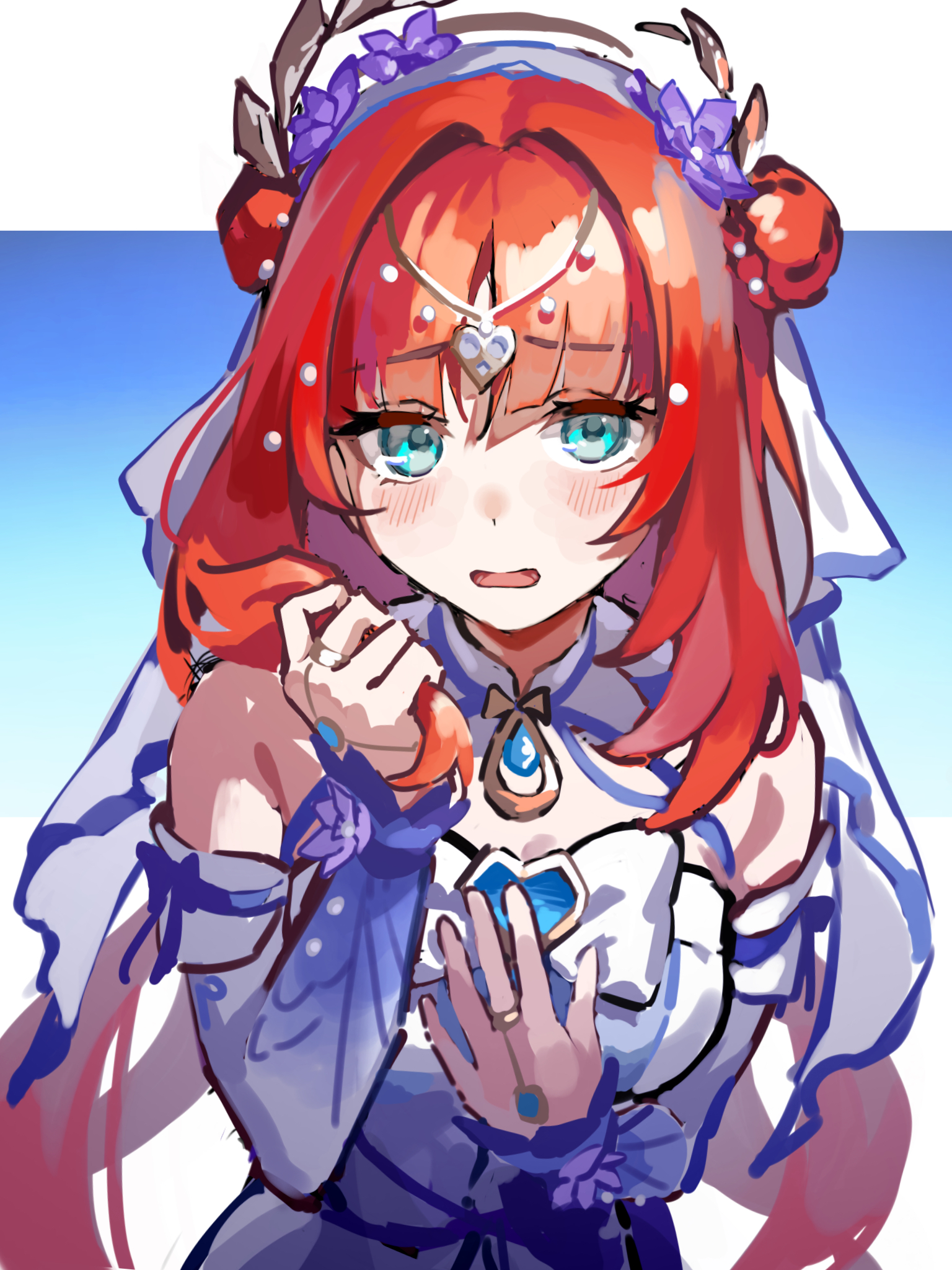 suiso sui, nilou (breeze of sabaa) (genshin impact), nilou (genshin impact), genshin impact, commentary, highres, 1girl, aqua eyes, bare shoulders, blue background, blush, detached sleeves, dress, flower, hair flower, hair ornament, hand on own chest, holding, holding own hair, long hair, long sleeves, looking at viewer, low twintails, official alternate costume, open mouth, purple dress, purple flower, purple sleeves, red hair, solo, twintails, upper body