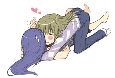fujino shizuru, kuga natsuki, my-hime, lowres, 00s, 2girls, all fours, barefoot, blonde hair, blue hair, blush stickers, groping, heart, hug, long hair, lying, multiple girls, pants, simple background, smile, trembling, yuri