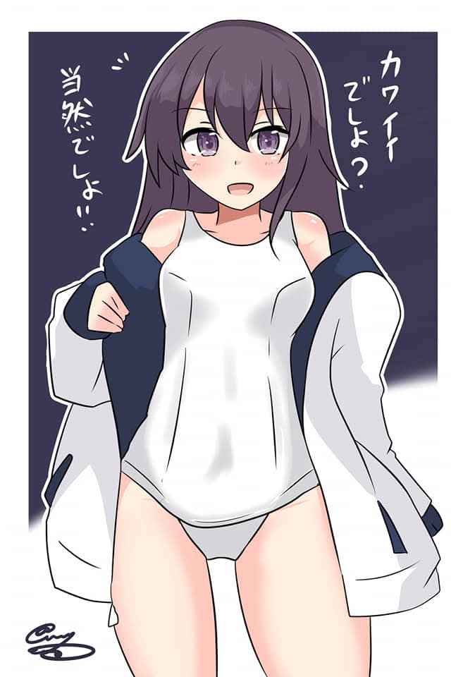 noruren, akatsuki (kancolle), kantai collection, non-web source, 1girl, blue background, blush, breasts, cowboy shot, jacket, long hair, long sleeves, looking at viewer, old school swimsuit, one-piece swimsuit, open mouth, purple eyes, purple hair, school swimsuit, signature, small breasts, smile, solo, swimsuit, white background, white jacket, white one-piece swimsuit