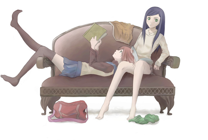 kuga natsuki, yuuki nao, my-hime, clothes, 00s, 2girls, bag, barefoot, blush, book, couch, expressionless, full body, green eyes, hood, lap pillow, legs, long hair, looking at viewer, lying, multiple girls, open book, outstretched leg, purple hair, reading, red hair, school bag, short hair, simple background, thighhighs, thighs, turtleneck, zettai ryouiki