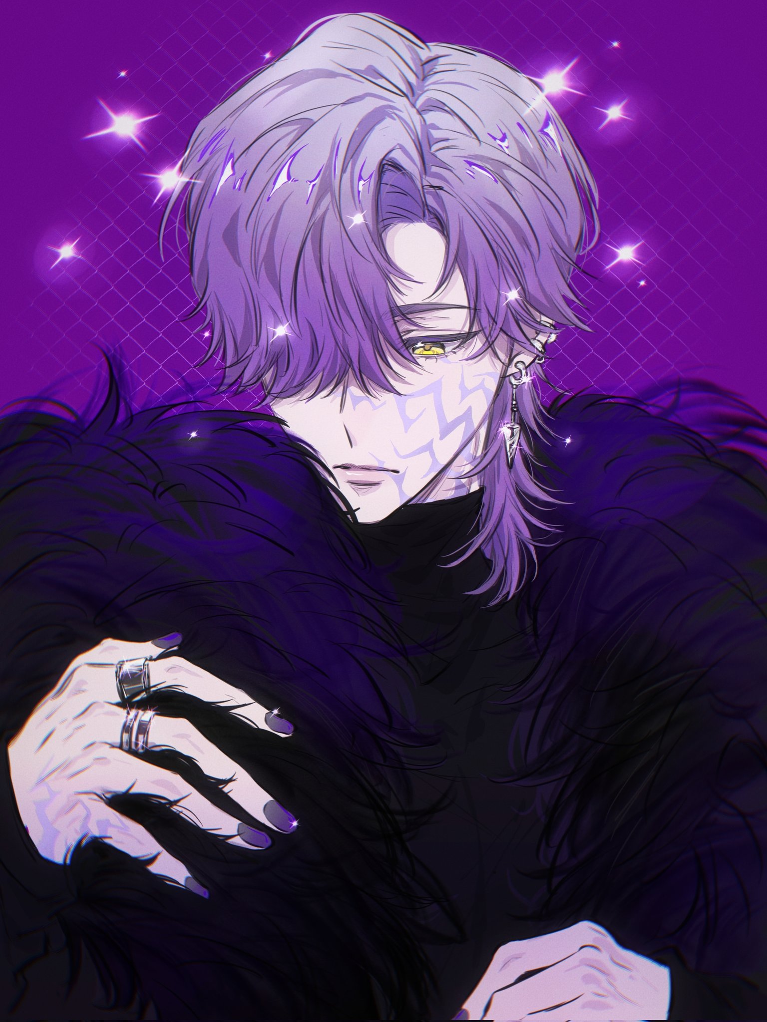 1008 redd, mystery (kpop demon hunter), kpop demon hunters, 1boy, colored skin, earrings, grey skin, hair over one eye, jewelry, purple hair, purple nails, solo, yellow eyes