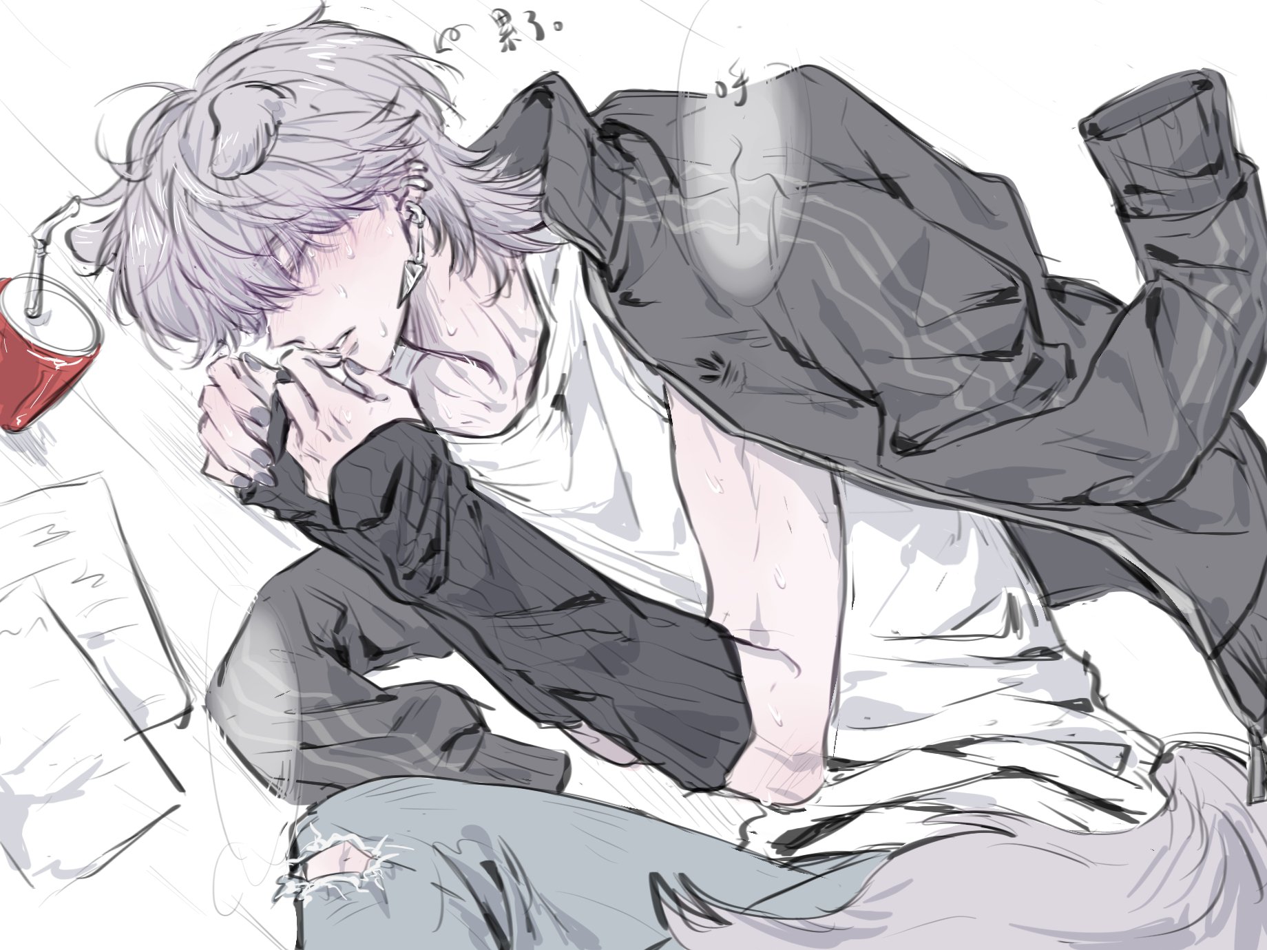 1008 redd, mystery (kpop demon hunter), kpop demon hunters, 1boy, animal ears, blush, closed eyes, earrings, jacket, jewelry, paper, purple hair, sleeping, solo, tail