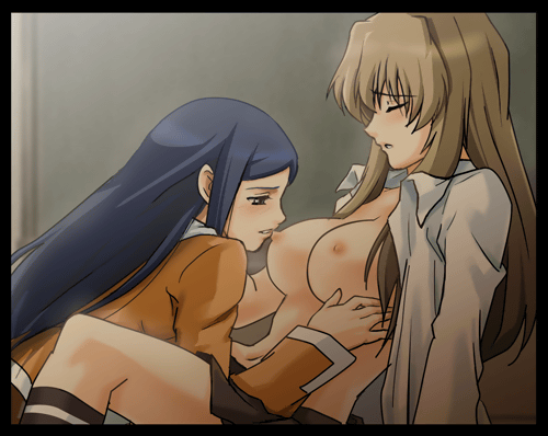 fujino shizuru, kuga natsuki, my-hime, lowres, 00s, 2girls, blush, breasts, brown hair, closed eyes, licking, licking nipple, long hair, multiple girls, nipple stimulation, nipples, open clothes, open shirt, orange shirt, school uniform, shirt, yuri