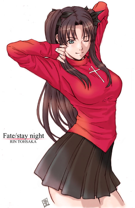 sei shoujo, tohsaka rin, fate/stay night, fate (series), 00s, 1girl, abs, black ribbon, black skirt, blue eyes, breasts, brown hair, character name, copyright name, cowboy shot, cross, female focus, green eyes, hair ribbon, large breasts, latin cross, long hair, miniskirt, one eye closed, pleated skirt, ribbon, shirt, skirt, smile, solo, stretching, sweater, taut clothes, taut shirt, turtleneck, twintails, two side up, wink