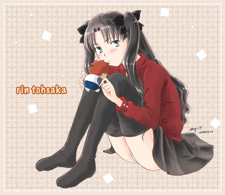 takahashi mugi, tohsaka rin, fate/stay night, fate (series), 00s, 1girl, black thighhighs, character name, female focus, solo, thighhighs, turtleneck, two side up