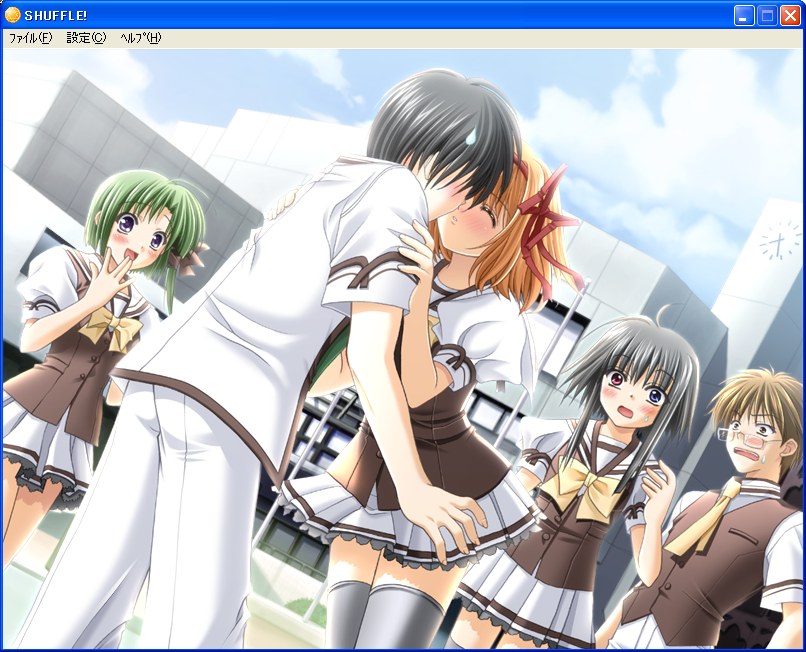 suzuhira hiro, fuyou kaede, mayumi thyme, midoriba itsuki, shigure asa, tsuchimi rin, microsoft windows, shuffle!, windows xp, game cg, official art, 00s, 2boys, 3girls, ascot, black hair, blush, bow, bowtie, brown hair, building, glasses, green hair, hair ribbon, imminent kiss, kiss, leaning forward, multiple boys, multiple girls, ribbon, school uniform, short hair with long locks, shoulder grab, surprised, sweatdrop, thighhighs, vest