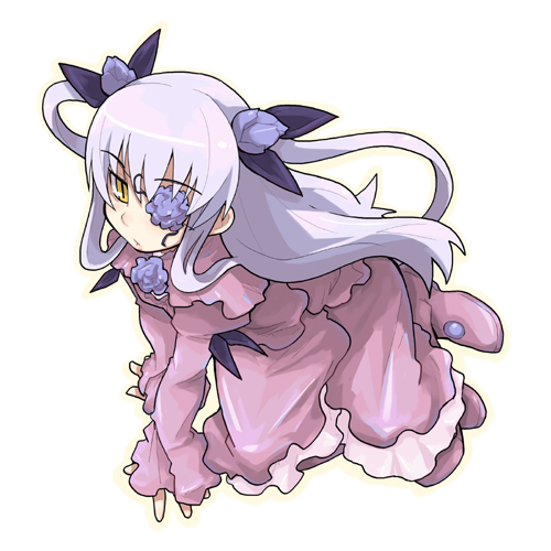barasuishou, rozen maiden, rozen maiden traumend, lowres, 00s, 1girl, all fours, dress, eyepatch, female focus, pink dress, simple background, solo, two side up, white background