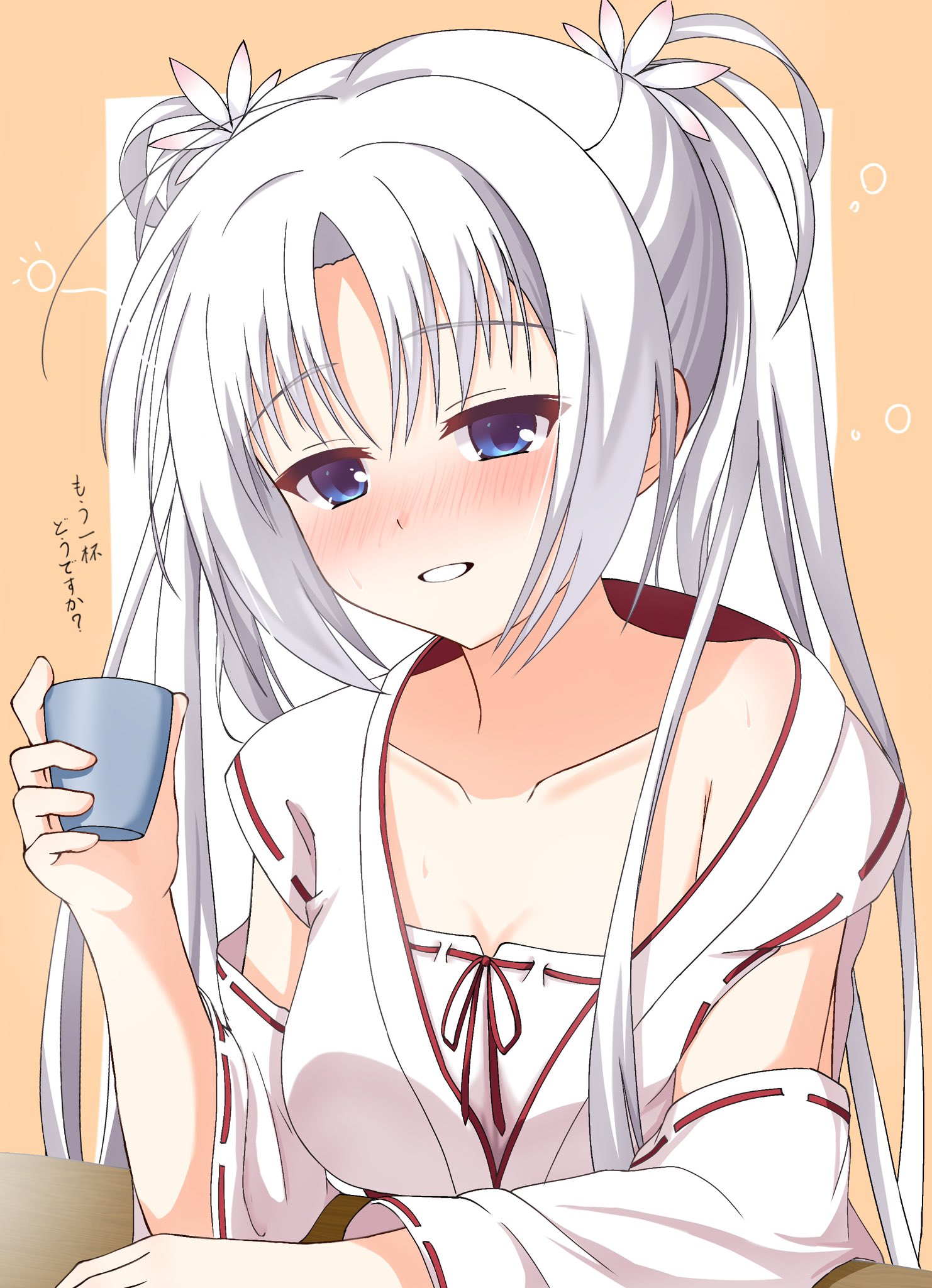 1230 mochi, tomotake yoshino, senren banka, commentary request, highres, translation request, 1girl, blue eyes, blush, breasts, collarbone, cup, detached sleeves, drunk, flower, hair between eyes, hair flower, hair ornament, hand up, holding, holding cup, japanese clothes, kimono, large breasts, long hair, long sleeves, looking at viewer, nontraditional miko, nose blush, orange background, parted lips, ribbon-trimmed sleeves, ribbon trim, sidelocks, simple background, smile, solo, squeans, straight hair, sweat, twintails, upper body, very long hair, white flower, white hair, white kimono, wide sleeves