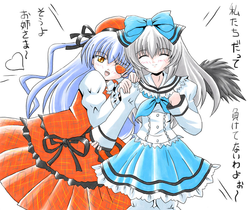 imai kazunari, barasuishou, suigintou, rozen maiden, arm grab, plaid headwear, 00s, 2girls, alternate costume, beret, black wings, blush, bow, closed eyes, crossover, dress, frills, grey hair, groping, hair bow, happy, hat, heart, long hair, long sleeves, multiple girls, plaid clothes, plaid dress, puffy sleeves, ribbon, sailor collar, school uniform, sleeves past wrists, smile, very long hair, wings