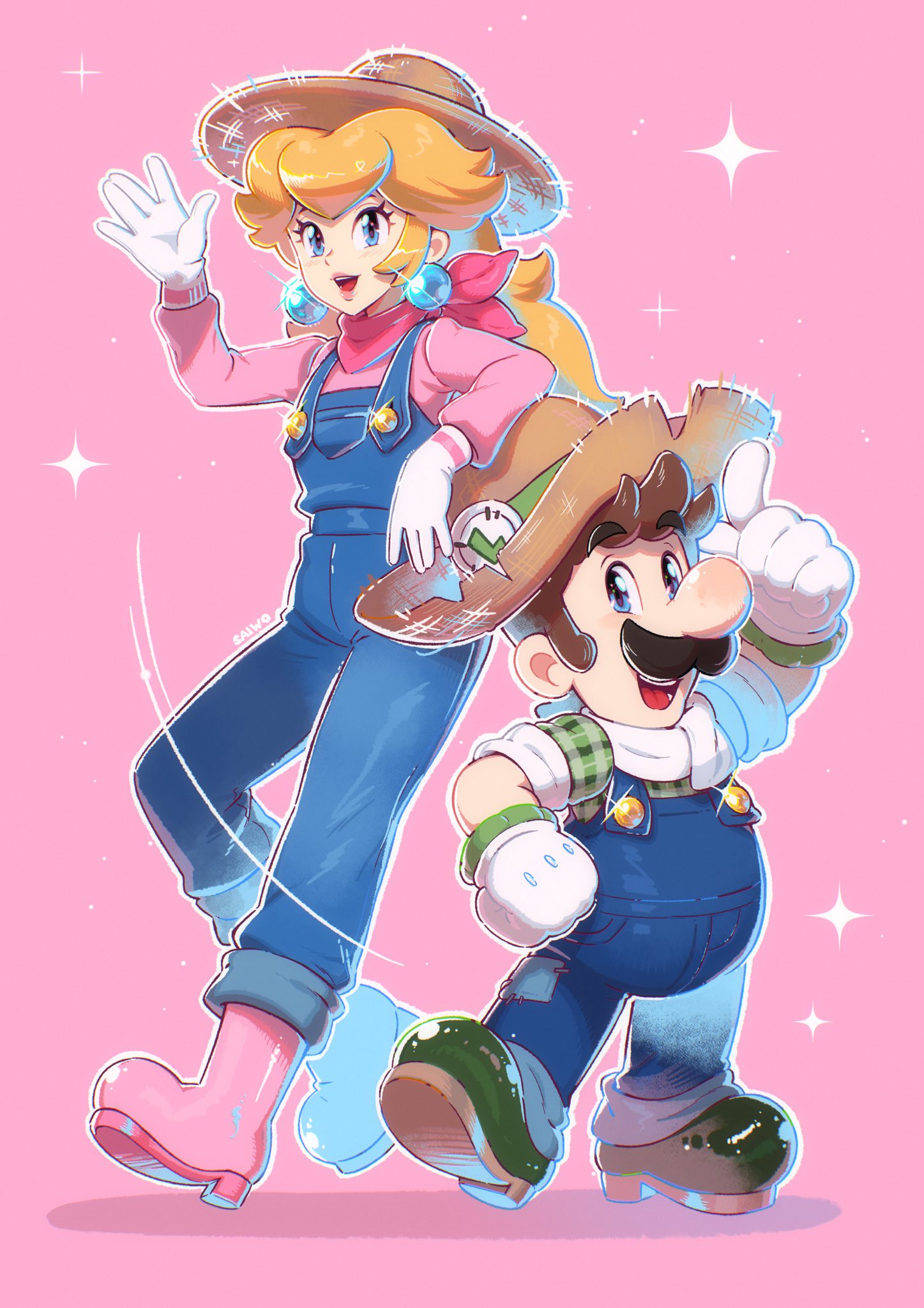 saiwo (saiwoproject), luigi, luigi (farmer), princess peach, princess peach (farmer), mario (series), mario kart, mario kart world, nintendo, super mario odyssey, highres, 1boy, 1girl, asymmetrical footwear, blonde hair, blue boots, blue eyes, blue overalls, boots, brown hair, collared shirt, earrings, facial hair, farmer, full body, gloves, green boots, green shirt, hat, jewelry, long hair, long sleeves, mismatched footwear, mustache, open mouth, overalls, pink background, pink boots, pink shirt, rubber boots, shirt, short hair, short sleeves, simple background, smile, sphere earrings, straw hat, sun hat, white gloves