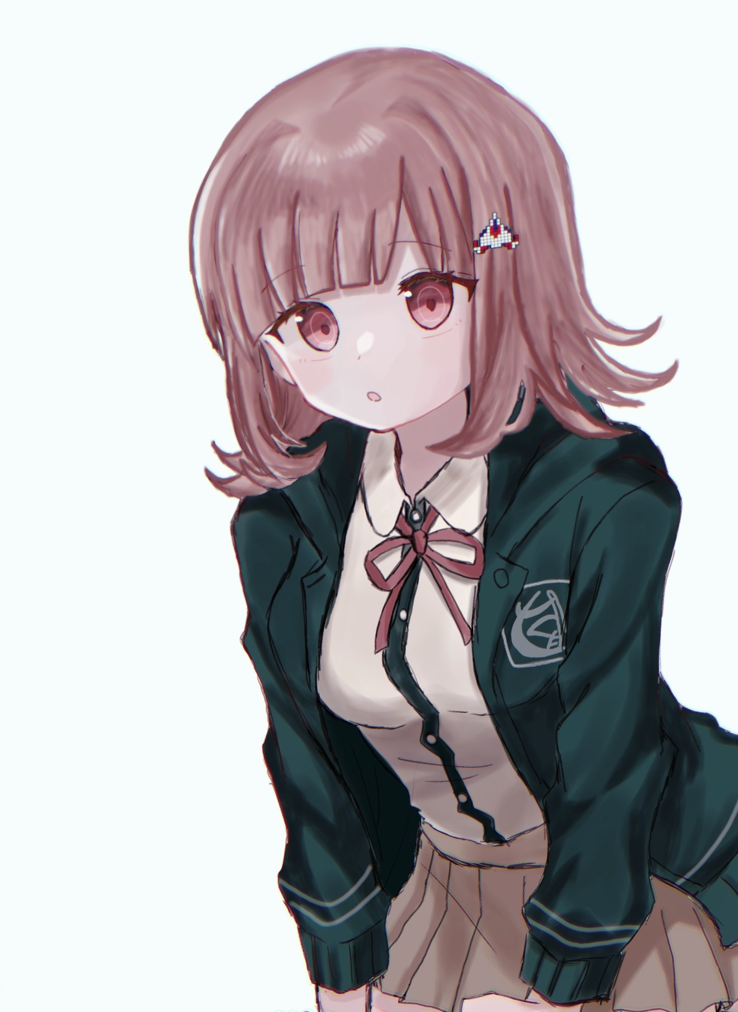 chayucha o0, nanami chiaki, danganronpa (series), danganronpa 2: goodbye despair, highres, 1girl, breasts, brown hair, brown skirt, collared shirt, flipped hair, hair ornament, jacket, long sleeves, looking at viewer, medium hair, neck ribbon, open clothes, open jacket, pink eyes, pink ribbon, pleated skirt, ribbon, shirt, skirt, solo, two-tone shirt, white shirt