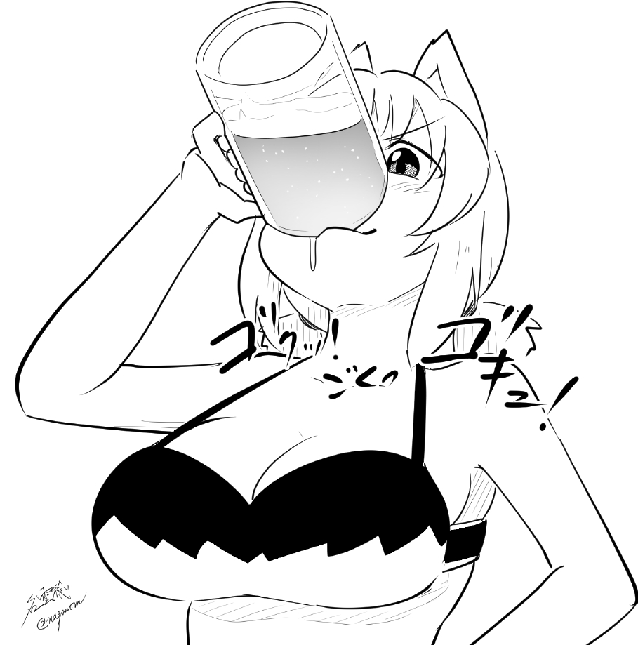 taurine 8000mg, inubashiri momiji, touhou, commentary request, 1girl, animal ears, arm up, armpits, beer mug, blush, bra, cup, drinking, from below, from side, greyscale, hand on own hip, hatching (texture), looking at viewer, monochrome, mug, signature, sketch, smile, solo, sound effects, twintails, twitter username, underwear, upper body, wolf ears, wolf girl