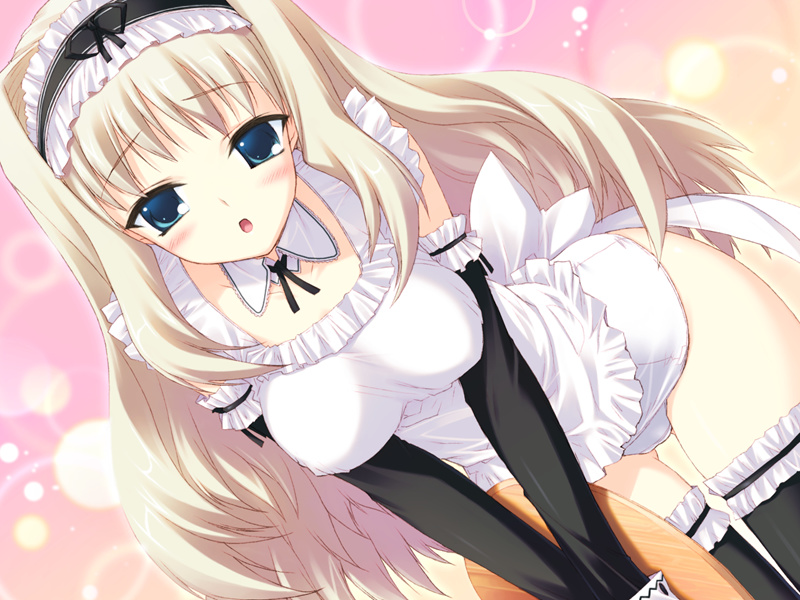kawata hisashi, kusugawa sasara, aquaplus, to heart, to heart (series), to heart 2, to heart 2 xrated, game cg, official art, 00s, 1girl, :o, apron, bent over, black thighhighs, blonde hair, blue eyes, blush, detached sleeves, female focus, frilled thighhighs, frills, long hair, maid, maid apron, one-piece swimsuit, school swimsuit, solo, swimsuit, swimsuit under clothes, thighhighs, white one-piece swimsuit, white school swimsuit