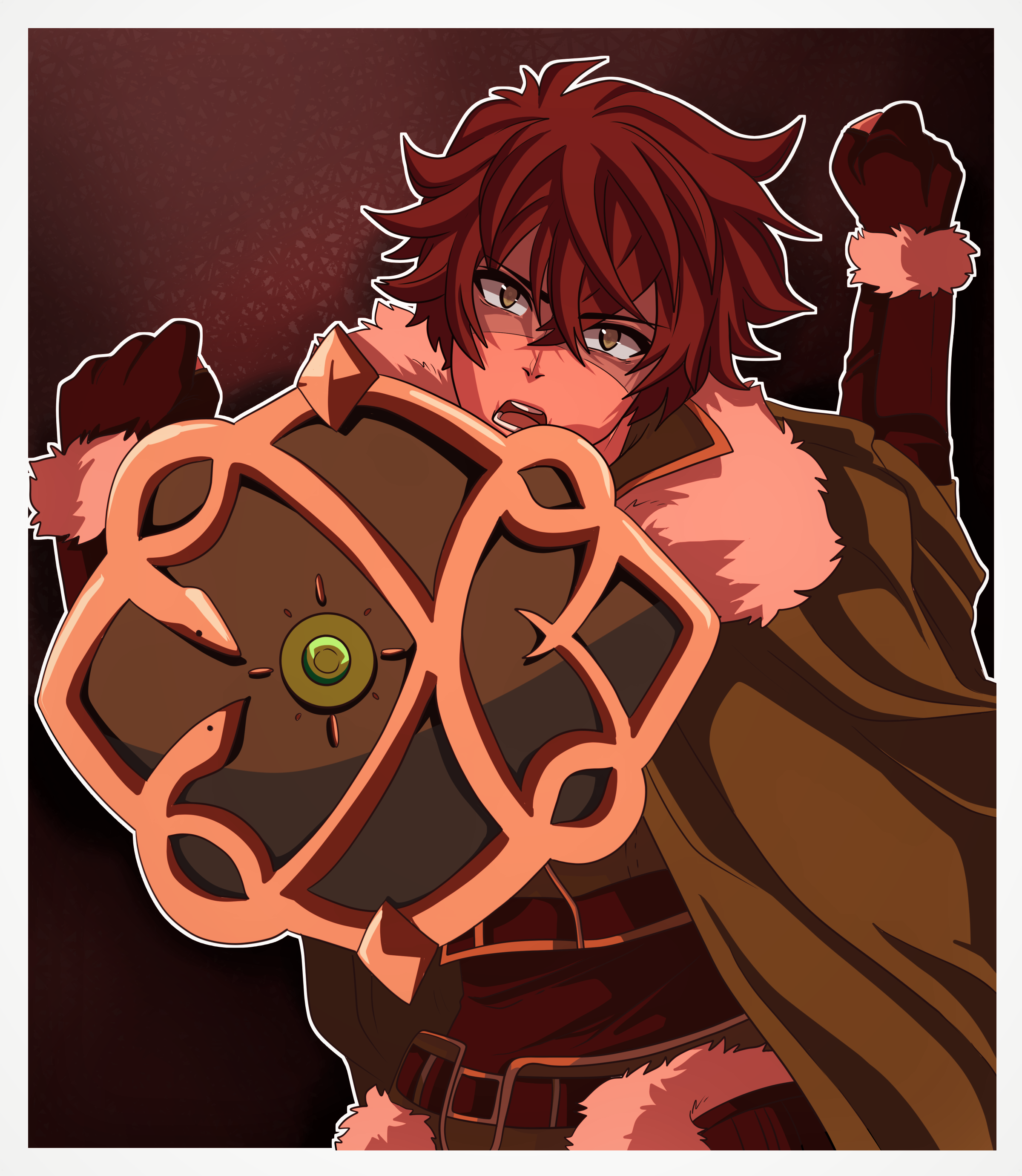 iwatani naofumi, tate no yuusha no nariagari, absurdres, commentary, english commentary, highres, 1boy, abstract background, arm shield, armor, belt, black background, black belt, black gloves, black hair, black shirt, border, cloak, fingerless gloves, fur-trimmed armor, fur-trimmed cloak, fur-trimmed sleeves, fur trim, gloves, gradient background, green cloak, green eyes, green pants, hair between eyes, hands up, layered shirt, long sleeves, looking at viewer, male focus, messy hair, open mouth, pants, red background, red theme, shaded face, shirt, short hair, solo, tassets, teeth, upper body, veemaxima, white border