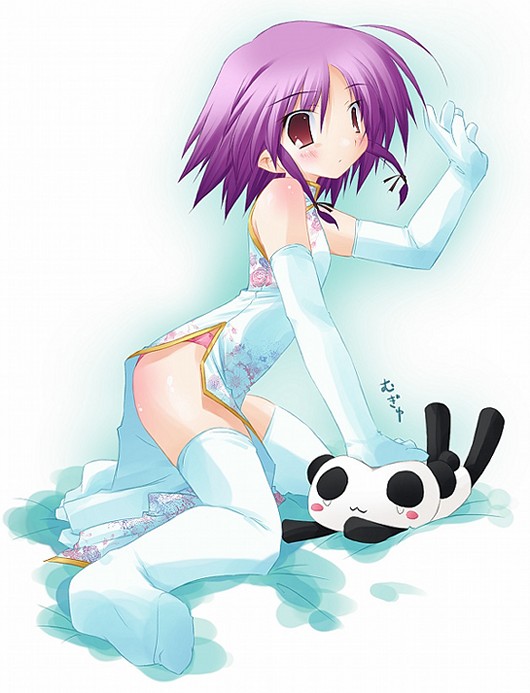 kuzunoha kyouji (sunny side street), original, resized, 1girl, antenna hair, bridal gauntlets, china dress, chinese clothes, dress, female focus, floral print, gloves, panda, purple eyes, purple hair, short hair, side slit, solo, thighhighs, white thighhighs