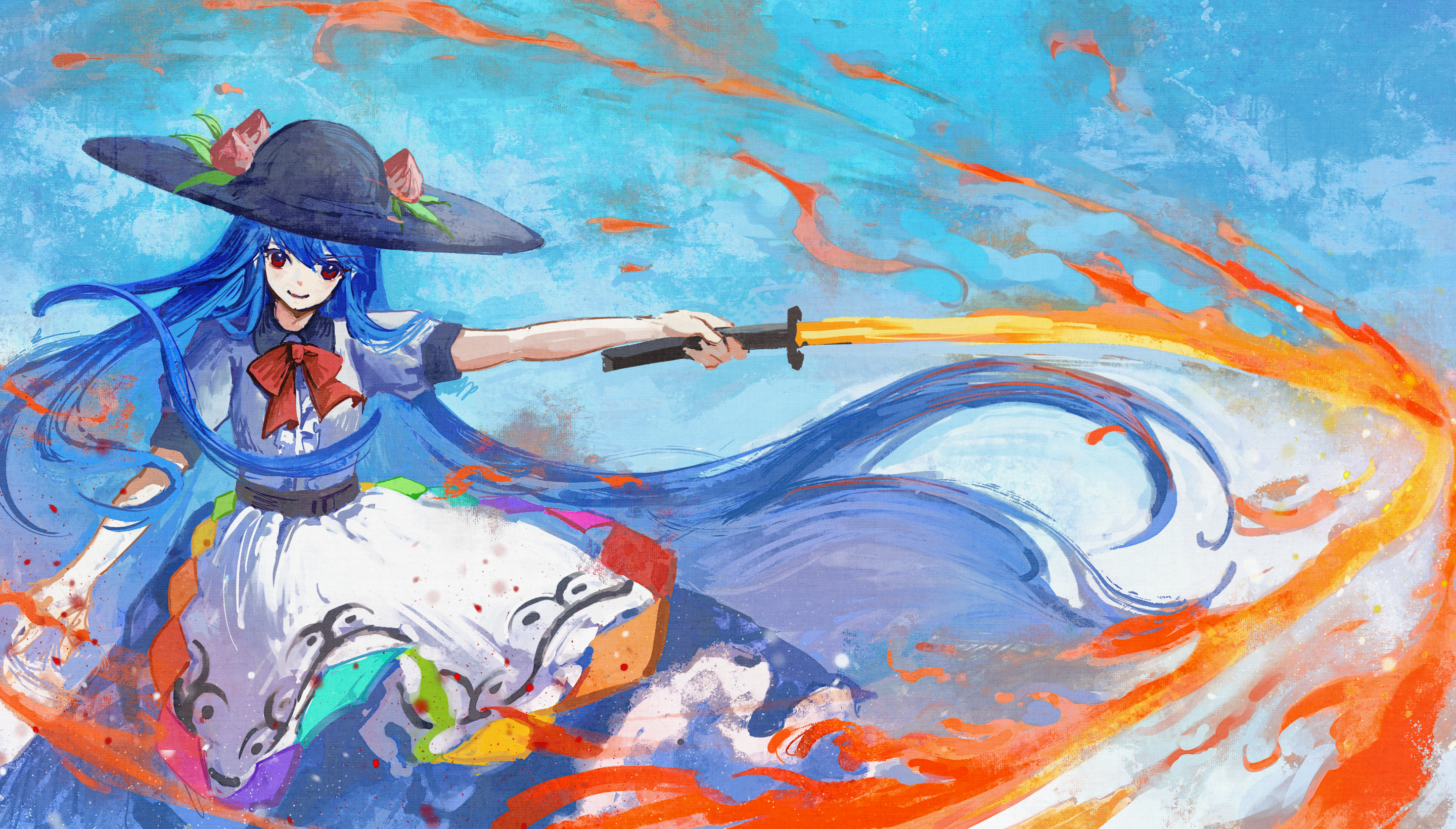 ge dazuo, hinanawi tenshi, touhou, chinese commentary, commentary request, highres, 1girl, black hat, blue hair, blue skirt, bow, bowtie, closed mouth, fire, flaming sword, flaming weapon, hat, hat ornament, holding, holding sword, holding weapon, leaf hat ornament, long hair, looking at viewer, peach hat ornament, puffy short sleeves, puffy sleeves, rainbow order, red bow, red bowtie, red eyes, short sleeves, skirt, smile, solo, sword, sword of hisou, very long hair, weapon