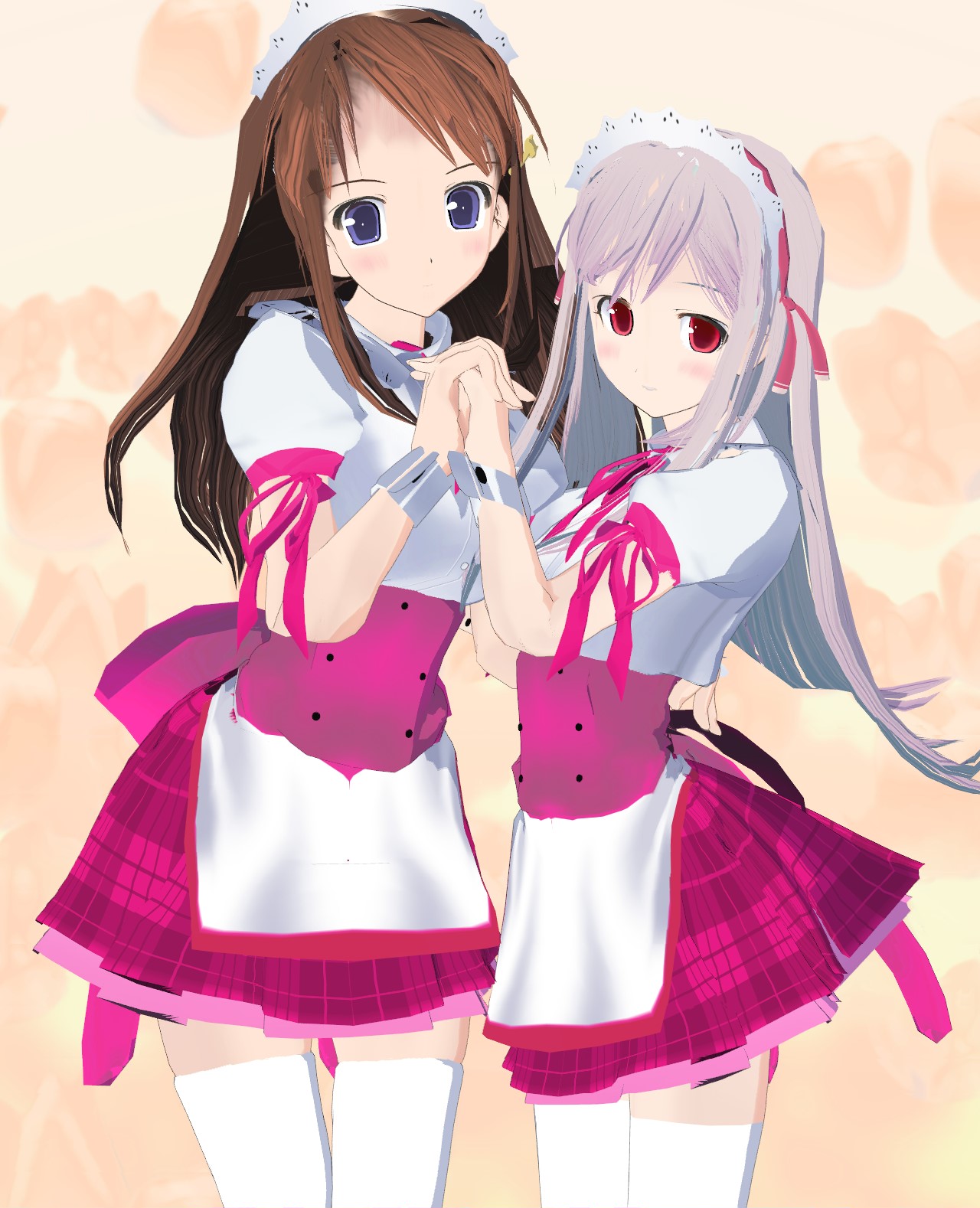 ma@ya, maho, lovedeath, highres, 2girls, 3d, multiple girls, simple background, thighhighs, waitress