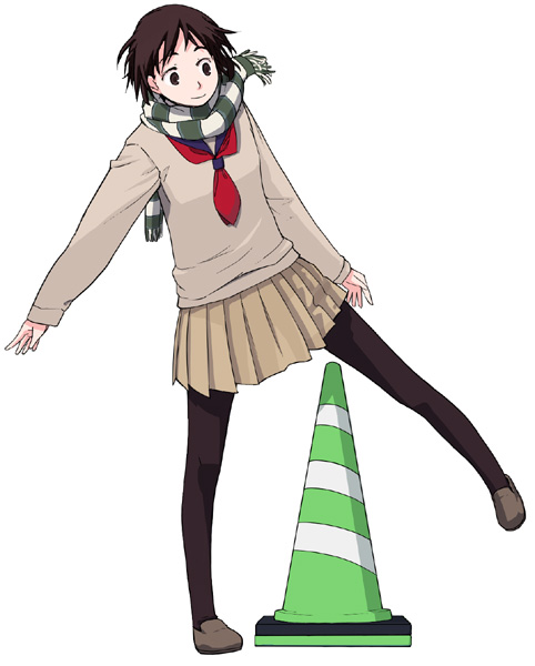 tokai knight, original, 1girl, black pantyhose, cone, female focus, miniskirt, pantyhose, pleated skirt, scarf, school uniform, serafuku, simple background, skirt, solo, striped clothes, striped scarf, sweater, traffic cone, white background