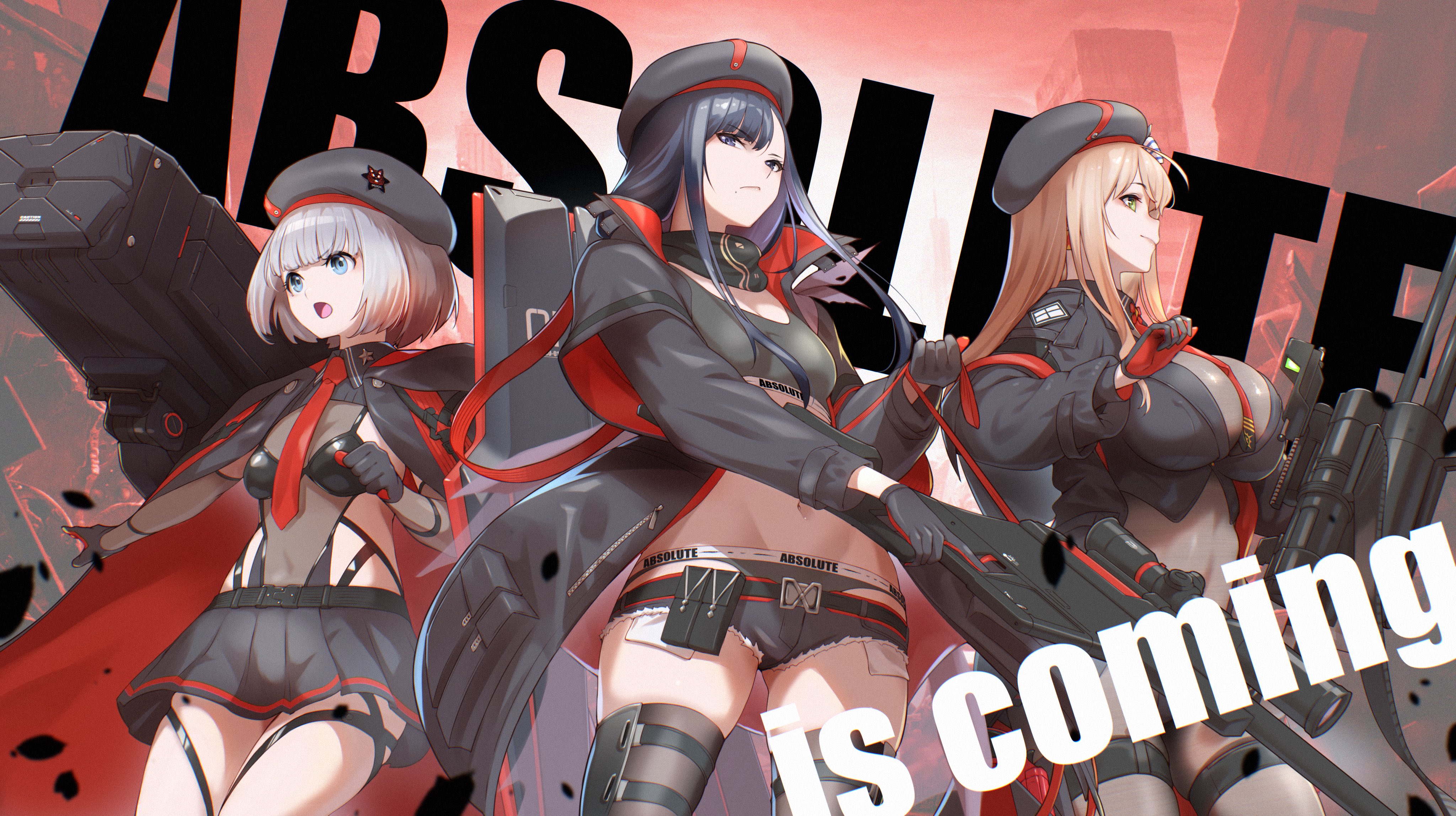 fune (fune83ojj), emma (nikke), emma (tactical upgrade) (nikke), eunhwa (nikke), eunhwa (tactical upgrade) (nikke), vesti (nikke), vesti (tactical upgrade) (nikke), goddess of victory: nikke, black bodystocking, absurdres, highres, 3girls, abs, absolute (nikke), ammunition belt, beret, black cloak, black gloves, black hair, black hat, black jacket, black sports bra, black thighhighs, blue eyes, bodystocking, breasts, brown bodystocking, brown hair, cleavage, cloak, closed mouth, colored inner hair, covered navel, exposed pocket, gatling gun, gloves, grey hair, grey panties, grey sports bra, gun, hat, holding, jacket, large breasts, long hair, long sleeves, machine gun, medium breasts, micro shorts, midriff, minigun, mole, mole under mouth, multicolored hair, multiple girls, navel, necktie, official alternate costume, official alternate design, open clothes, open mouth, oversized hat, panties, purple eyes, purple hair, red necktie, rifle, rocket launcher, rpg (weapon), see-through bodystocking, see-through cleavage, see-through clothes, short hair, shorts, smile, sniper rifle, sports bikini, sports bra, sports panties, thighhighs, two-tone gloves, underwear, weapon, yellow eyes
