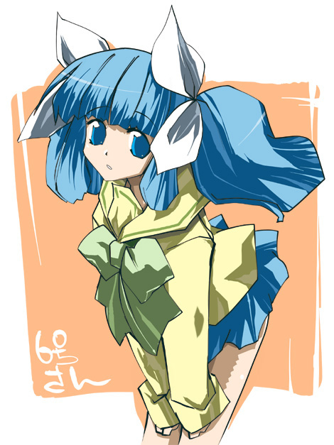 kei (keigarou), suzuki sayaka, pani poni dash!, 00s, 1girl, blouse, blue eyes, blue hair, blunt bangs, bow, expressionless, female focus, floating hair, hair ribbon, leaning forward, long hair, long sleeves, looking at viewer, matching hair/eyes, pleated skirt, ribbon, school uniform, serafuku, shirt, skirt, sleeves past wrists, solo, twintails, v arms, very long hair, yellow shirt