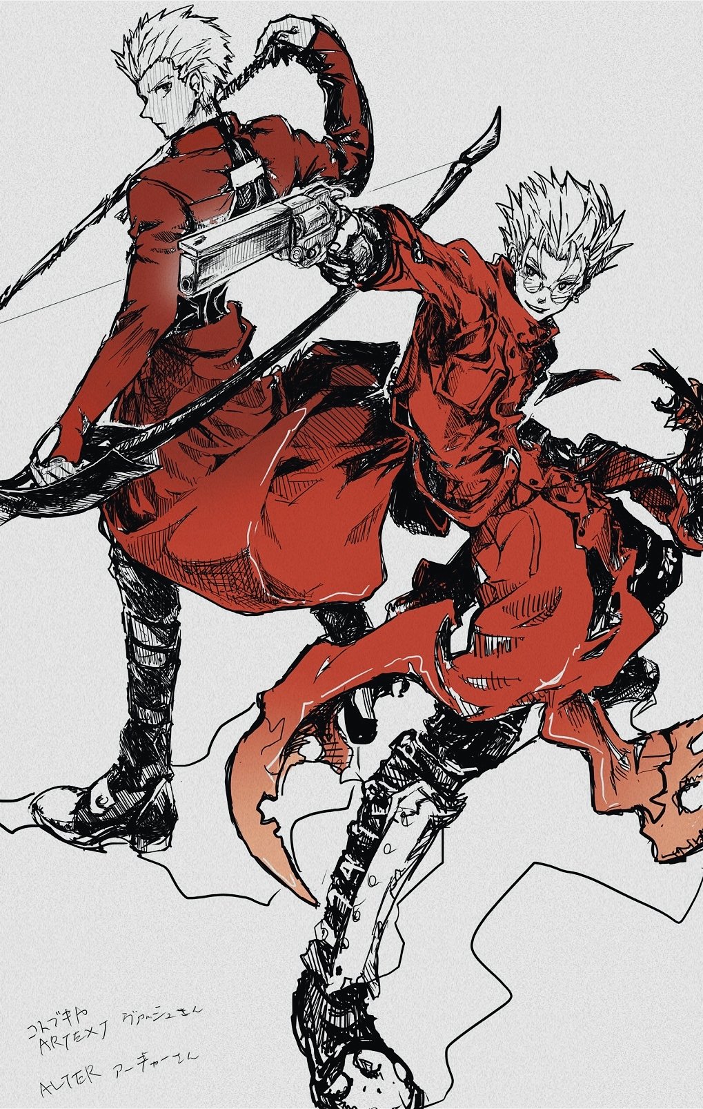 ixo7pn, archer (fate), vash the stampede, fate/stay night, fate (series), trigun, highres, 2boys, boots, bow (weapon), coat, crossover, glasses, gun, handgun, holding, holding gun, holding weapon, long coat, male focus, multiple boys, red coat, revolver, round eyewear, sketch, spiked hair, weapon