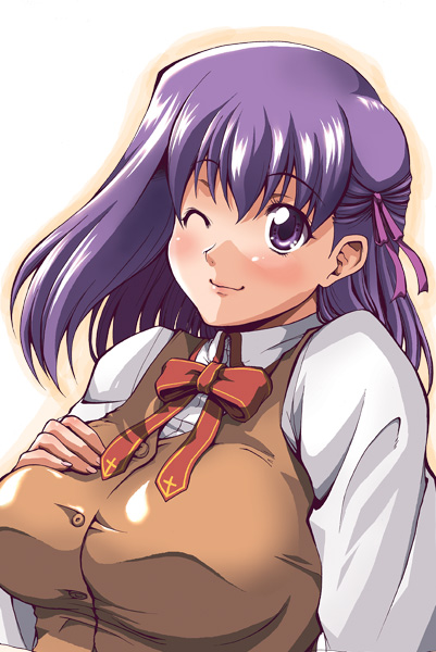kirisawa minto, matou sakura, fate/stay night, fate (series), 00s, 1girl, blush, breasts, female focus, huge breasts, long hair, one eye closed, purple eyes, purple hair, school uniform, serafuku, simple background, solo, upper body, white background